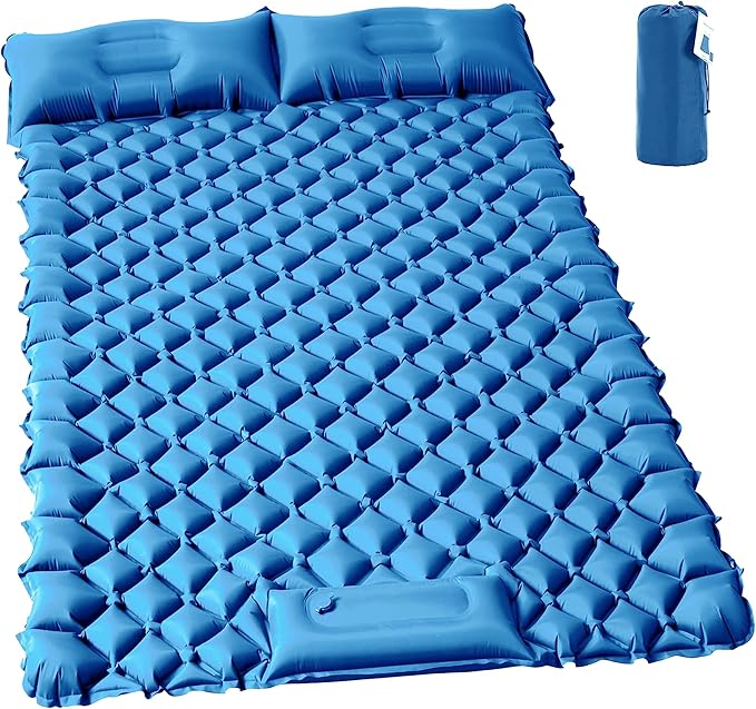 Double Sleeping Pad for Camping, 2 Person Ultralight Inflatable Sleeping Mat with Pillow and Built-in Foot Pump, Portable Camping Mattress for Tent, Backpacking, Hiking, Traveling-Upgrade Blue