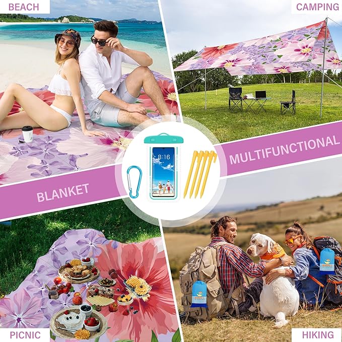 BYDOLL Beach Blanket Sandproof Waterproof 78''×110'' 1-7 Adults Compact Lightweight Oversized Beach Blanket Large Picnic Mat Beach Blanket for Travel Camping Hiking Picnic