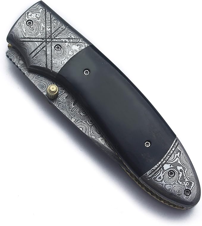 Handmade Damascus Folding Pocket Bowie Knife For EDC,Hunting,Survival,Camping,Fishing Skinning and Bushcraft with Full Tang Micarta Handel and Cowhide-Leather Sheath For Men and Women - DCF21-25
