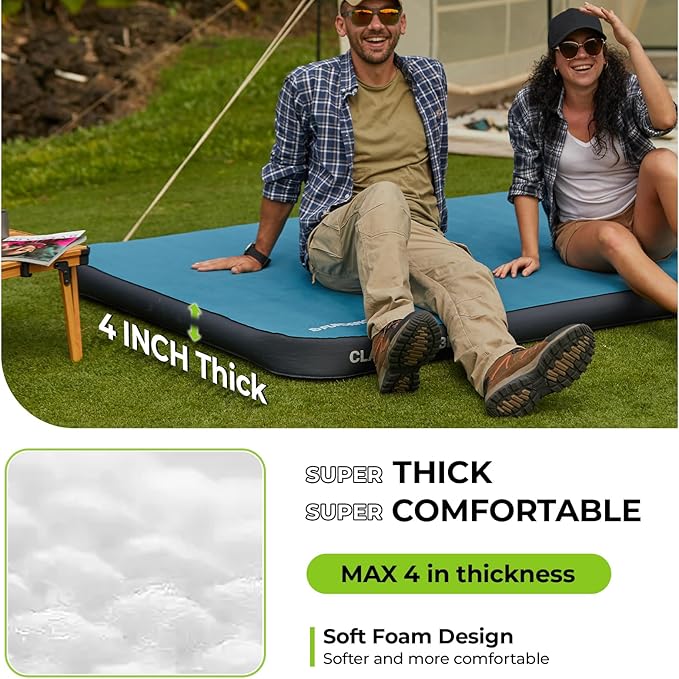 FUNDANGO Self Inflating Sleeping Pad, 4" Thick Camping Mattress with Pump Sack, 4-Season Sleeping Pad for Camping, 8.7 R-Value Insulated Camping Bed for Tent Car Truck Van, Single