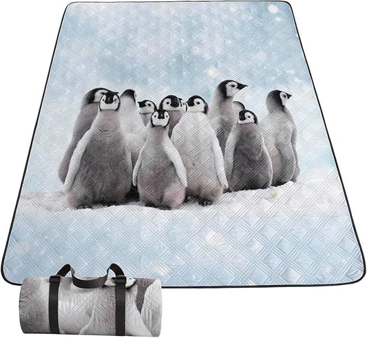 Outdoor Picnic Blanket Portable Ultrasonic Waterproof Picnic Mat 3D Penguins Printed Camping Beach Mat for Sand and Wet Grass Hiking (3D Penguins S)
