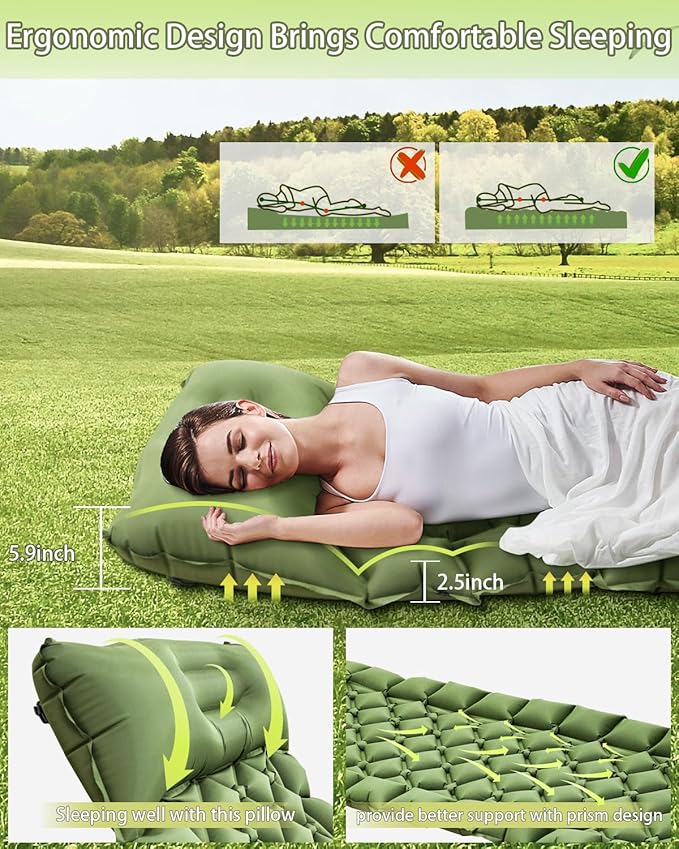 Sleeping Pad for Camping, Self Inflating Camping Air Mattress Built-in Foot Pump, Sleeping Mat Camping with Pillow, Backpacking, Hiking, Traveling