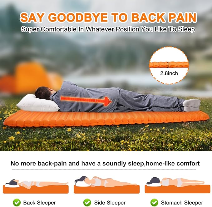 Sleeping Pad for Camping - Ultralight Inflatable Sleeping Mat for Camping Backpacking Hiking Tent Traveling - Portable Compact Lightweight Waterproof Air Mattress with Inflating Bag - Orange