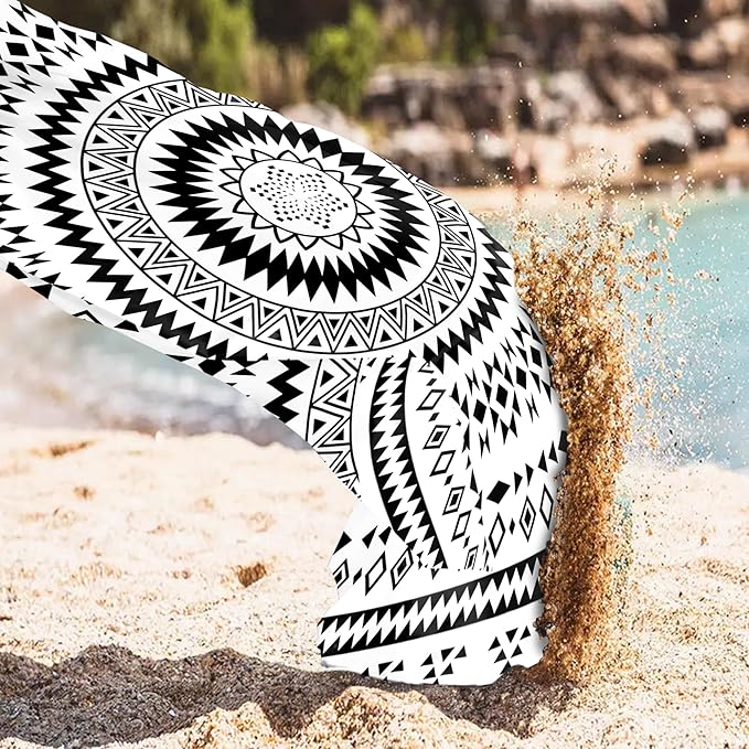 Waterproof Sandproof Beach Blanket, 78"" x 86"" Large Beach Mat for 2-4 Adults, Lightweight Compact Polyester Picnic Blanket for Outdoor, Travel, Camping, Hiking, Beach Essentials, Black Mandala