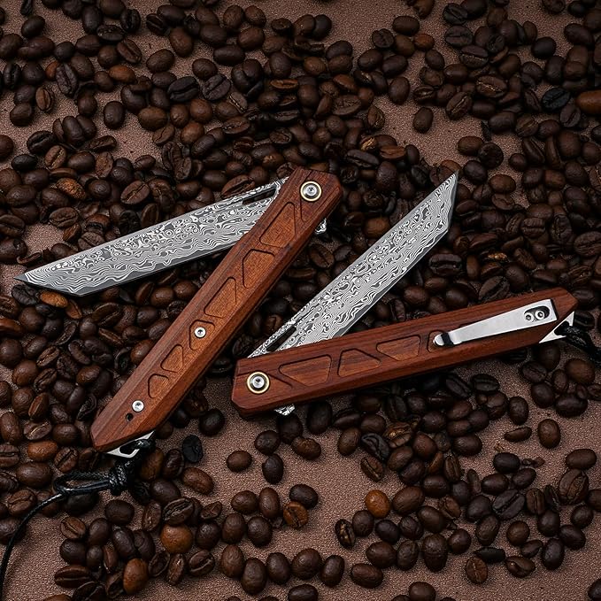 Handmade Forged VG10 Damascus Steel Blade, EDC Folding Knife Rosewood Handle, Pocket Clip.