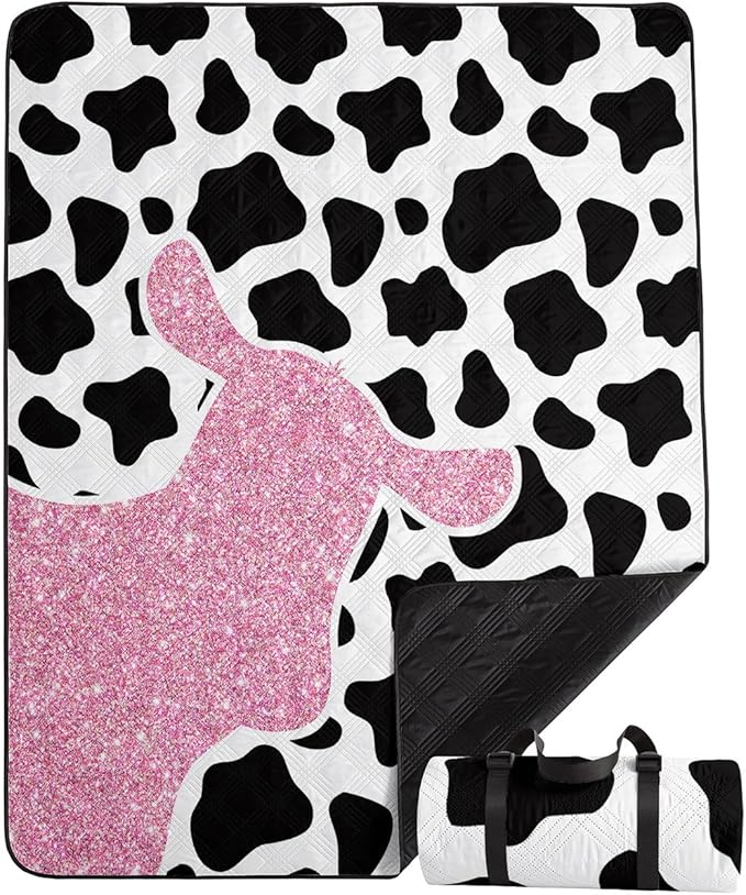 Outdoor Picnic Blanket Portable Ultrasonic Waterproof Picnic Mat Cow Spots Printed Camping Beach Mat for Sand and Wet Grass Hiking (Cow Spots S)