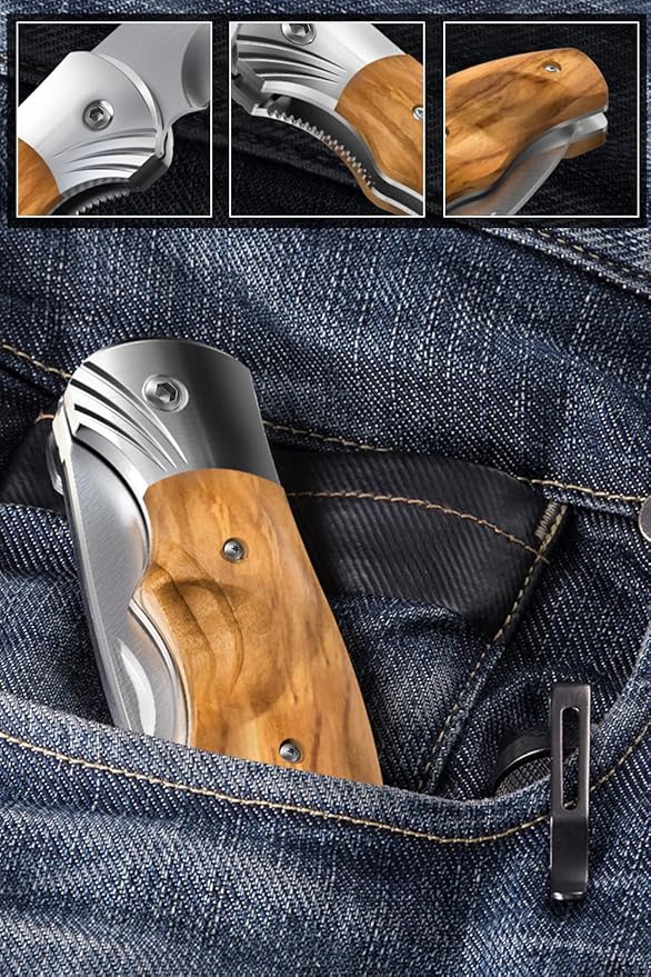 Grand Way Pocket Knife for Men with Wood Handle, Liner lock - Folding Sharp Blade 3.54" - Cool Knives for Camping EDC - Gifts for Dad Him - 6651