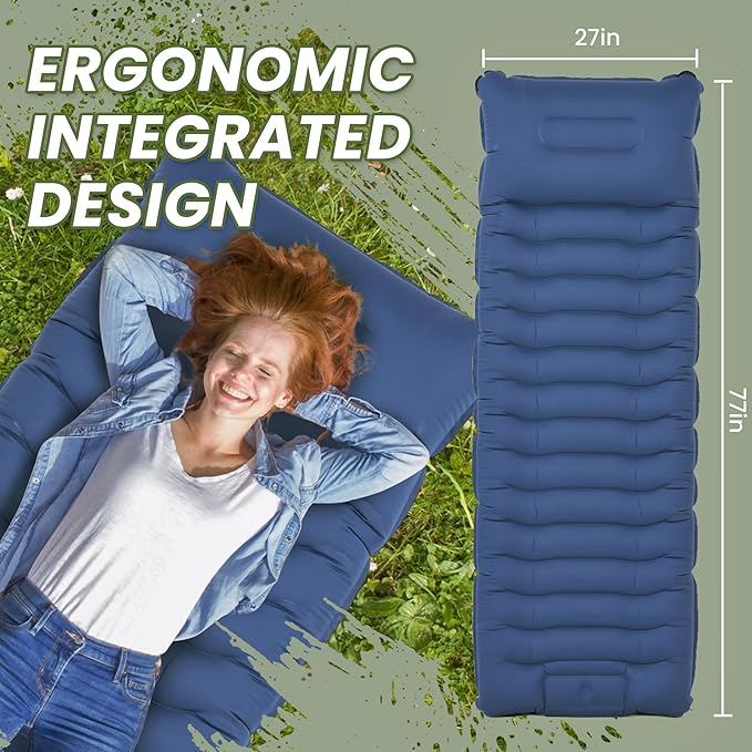 ropoda Upgraded Extra Thickness 6'' Inflatable Sleeping Pad with Pillow, Built-in Foot Pump, 77''*27'' Camping Pad with Carry Bag, Ultralight & Compact Camping Mat Pad for Hiking, Blue