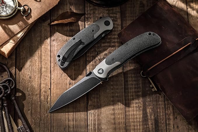 EDC Pocket Knife with Clip, Flipper Folding Knife,3.66" S35VN Steel PVD Blackwash Wharncliffe Blade,Ti Thumb Disk and Bolster &Micarta Scales for Camping Outdoor Hiking,UMa-04