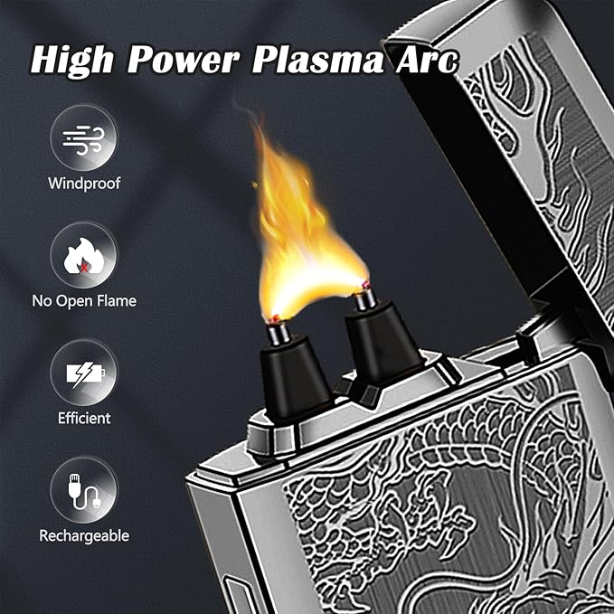 SKRFIRE Plasma Lighters Rechargeable Dragon USB Lighters, Electric Lighter Windproof Electronic Arc Flame Lighter with LED Power Display for Candle, Incense, Gifts for Men, Women(Black Dragon)