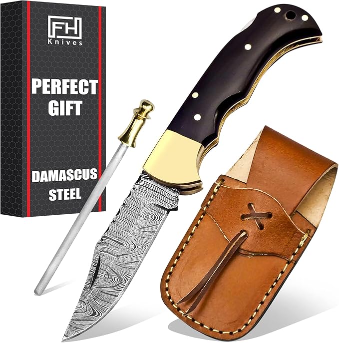 Handmade Damascus Pocket Knife for Men - Thoughtful Husband Present for Anniversaries - 6.5 Inch Folding Knife with Back Lock, Perfect for Camping and Hiking - Damascus Knife with Sheath