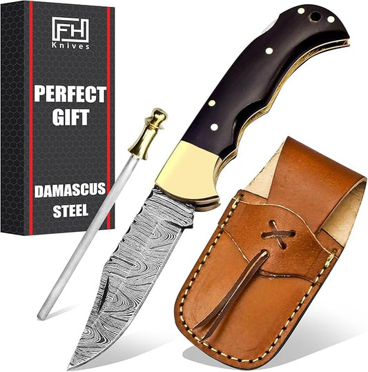 Handmade Damascus Pocket Knife for Men - Thoughtful Husband Present for Anniversaries - 6.5 Inch Folding Knife with Back Lock, Perfect for Camping and Hiking - Damascus Knife with Sheath