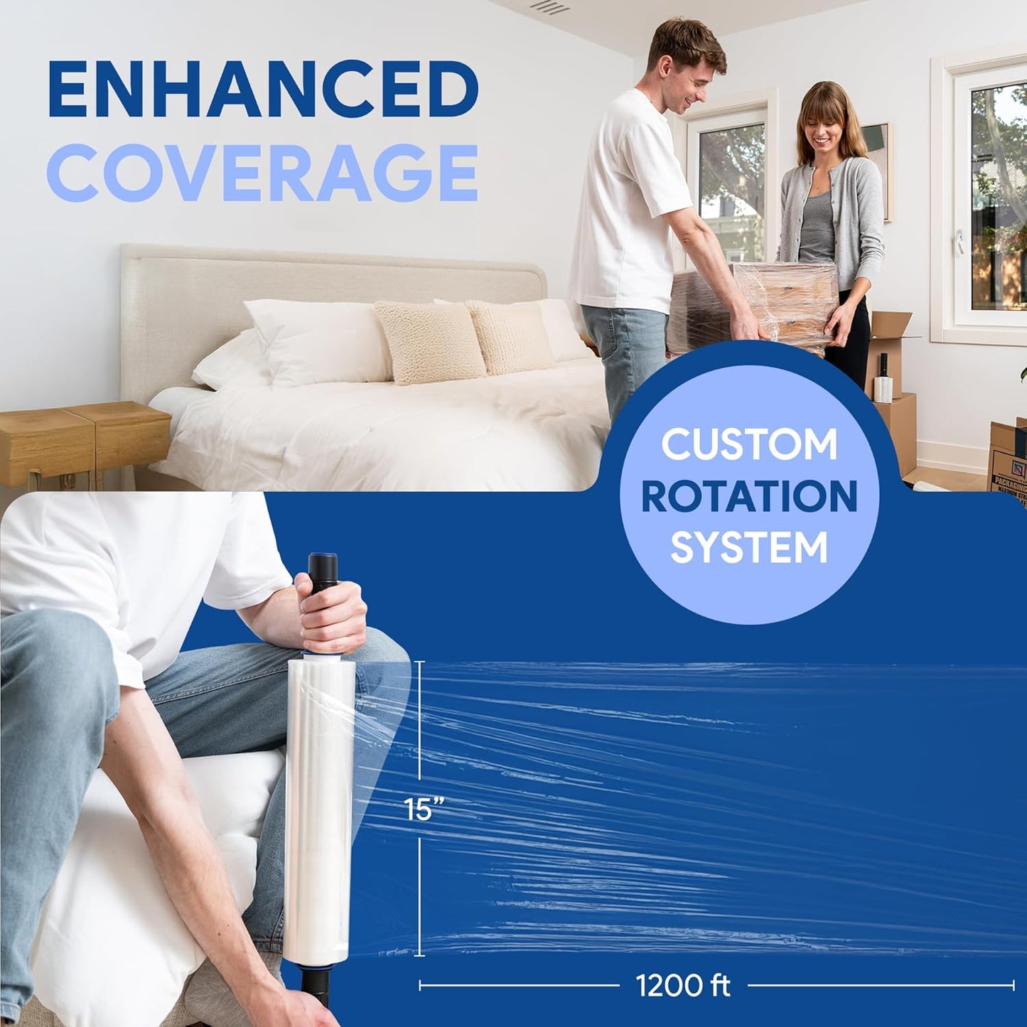 International Plastics Co. 15" Plastic Stretch Film Wrap with Extended Handles 1200ft Each 500% Stretch Clear Cling Durable Adhering Packing Moving Packaging Heavy Duty Shrink