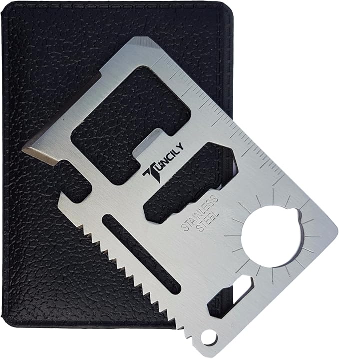 Survival Credit Card Multitool by Tuncily (Silver) - 11 in 1 Wallet Multipurpose Tool, Bottle Opener, Everyday Utility Tactical Multi Tool | Surprise Gift for All Occasions