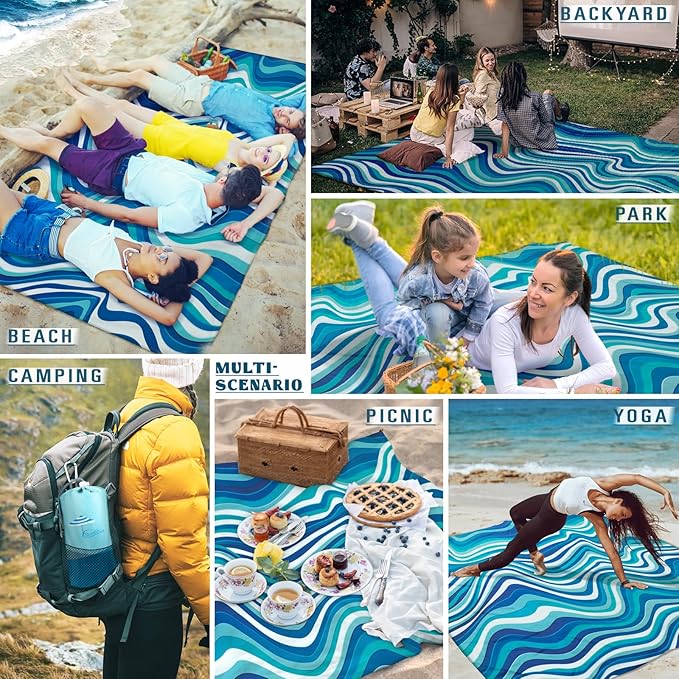 Beach Blanket Sandproof Waterproof 78''×81''1-5 Adults Oversized,Compact Lightweight Durable Beach Mat for Travel Camping Hiking Picnic Blanket