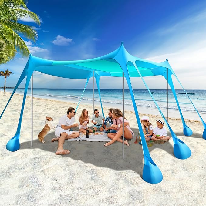 Rhino Valley Beach Tent Sun Shelter, Beach Canopy Tent Sun Shade UPF50+ Protection with 8 Sandbags 4 Stability Poles, Outdoor Beach Shade Canopy for Beach, Camping, Fishing