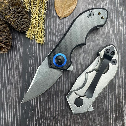 Mini Flipper Pocket knife,Small EDC folding Knife with Pocket clip,1.89 Inch Premium D2 Steel Blade,Carbon Fiber Front and Stonewashed Titanium Back Handle,Gifts for Men Women(0022)