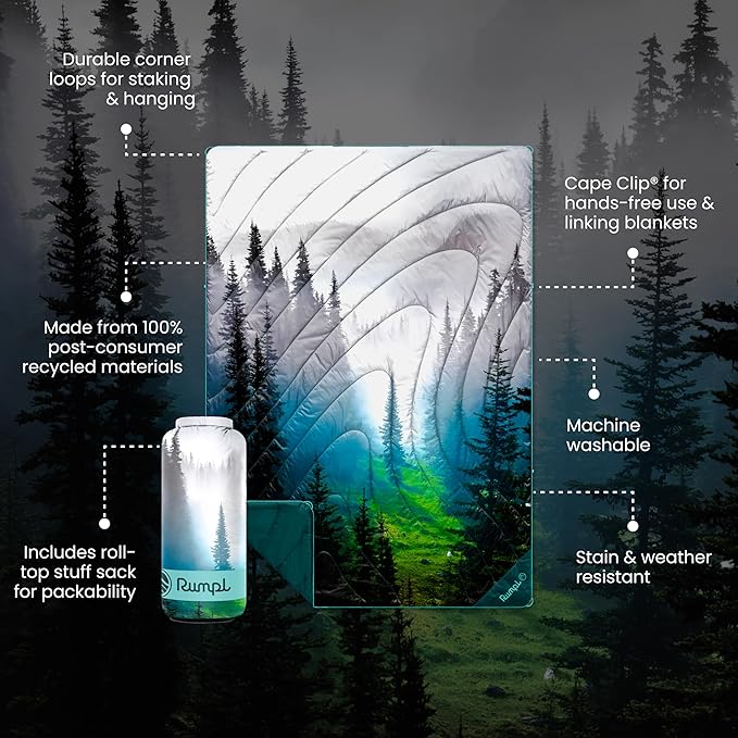 Rumpl Original Puffy Blanket - Warm Puffy Camping Blanket, 100% Recycled Polyester Insulation, Lightweight, Packable, Water-Resistant, Outdoor Puffer Blanket, 52"x75", Olympic Fog
