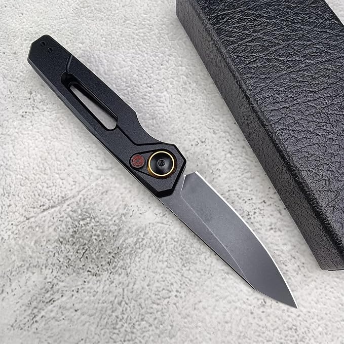 Push Button Lock Knife, Tactical Spring Assisted EDC Folding Knife, Black Stonewashed Reverse Tanto Blade Aluminum Handle Outdoor Hunting Caping Knives With Reversible Deep Carry Pocket Clip For Men, 7550