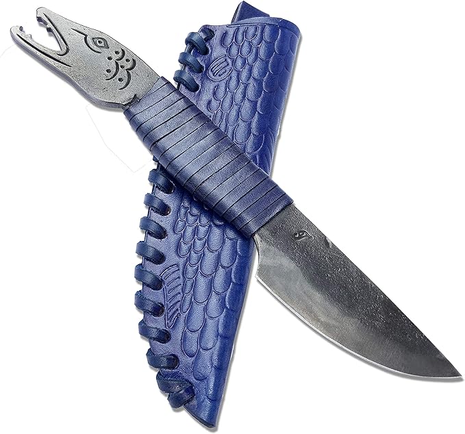 Toferner Hand Forged Knife Fish Head with Sheath, Vintage Knife for Antique Collection, Genuine Leather Case, Hardened Blade, Hand Made Craft, Gift Idea for Men (Blue)
