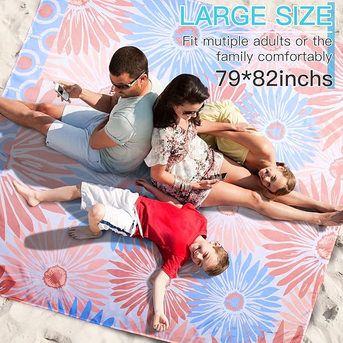 Airensky Beach Blanket, Sandproof Beach Mat 79" X 82" for 4-7 Adults, Large Waterproof Beach Blanket Lightweight Outdoor Blanket with 4 Stakes Beach Essential for Camping Travel Vacation(Pink Flowers)