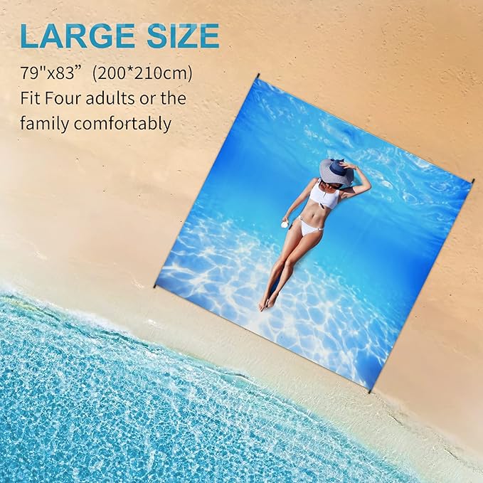 Beach Blanket 79" X 83" for 1-4 Adults,Large Beach Blanket Waterproof Sandproof,Waterproof Quick Drying Outdoor Picnic Mat,Beach Mat for Travel,Camping,Hiking