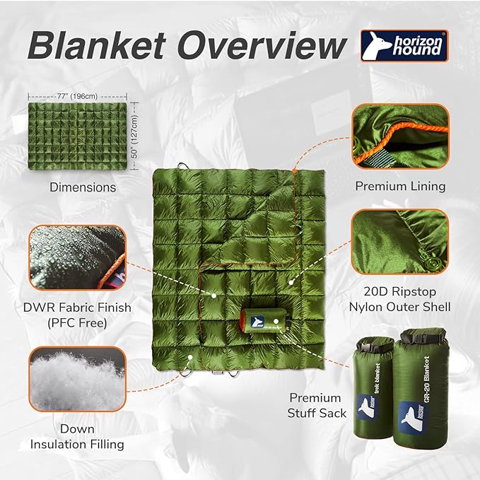 Horizon Hound Down Camping Blanket - Outdoor Travel Blanket | Sustainable Insulated Down | Lightweight & Warm Quilt for Camping, Stadium, Hiking & Festival | Water Resistant, Packable & Compact
