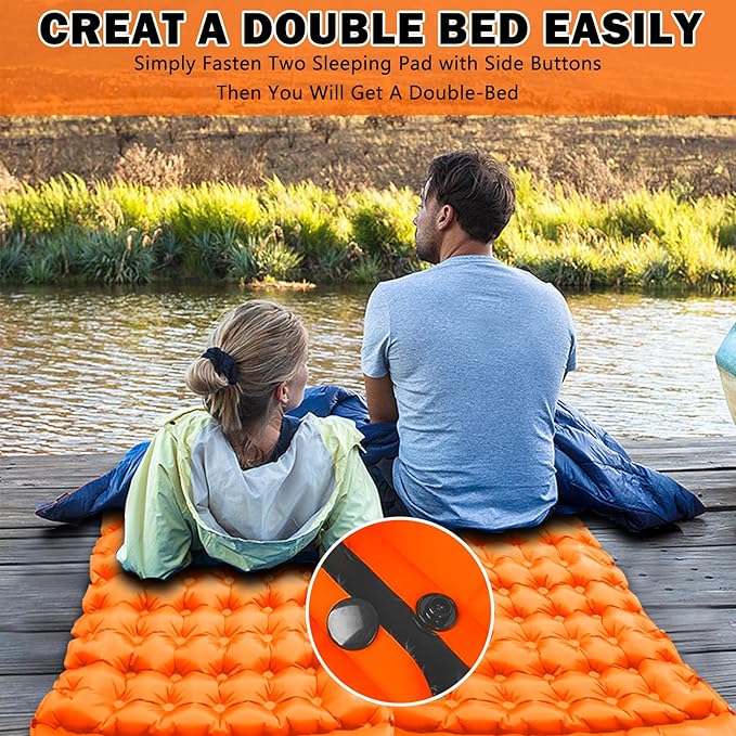 Self Inflating Sleeping Pad Camping Sleeping Mat, Built-in Foot-Pump & Pillow Inflatable Camping Mat Single Air Mattress Sleeping Pad for Camping Hiking Tent Travel Outdoor, Orange
