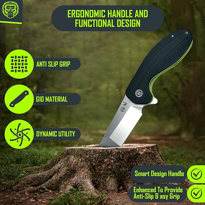 Holtzman's Gorilla Survival Folding Knife D2 Steel Blade G10 Handle Pocket Knife EDC Giftset for Men and Women (half stonewashed half silver blade + black/green liner)