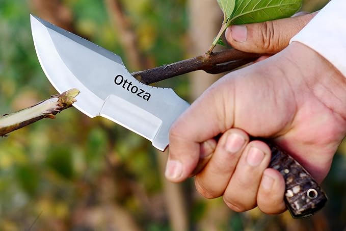 Ottoza Tracker Knife & Ram Horn Handle - Fixed Blade Hunting Knife - Horizontal Carry Knife Sheath 376