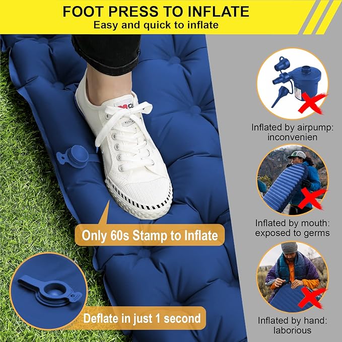 Double Sleeping Pad for Camping Inflatable 2 Person Sleeping Mat with Built-in Pump, Foot Press Ultralight Extra Thick Camping Mat with Pillow for Backpacking, Traveling, Hiking, Durable & Waterproof