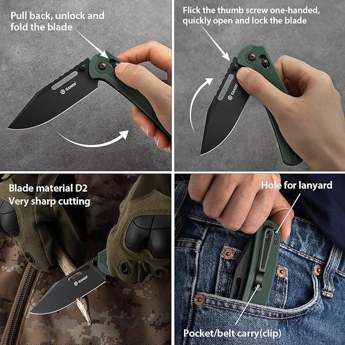 Ganzo G768PT-BK EDC Folding Pocket Knife Razor Sharp D2 Stainless Steel Black Blade G10 Handle with Clip Outdoor Foldable Pocket Knife Hunting Fishing Hiking Gear Best Gift for Men (Black)