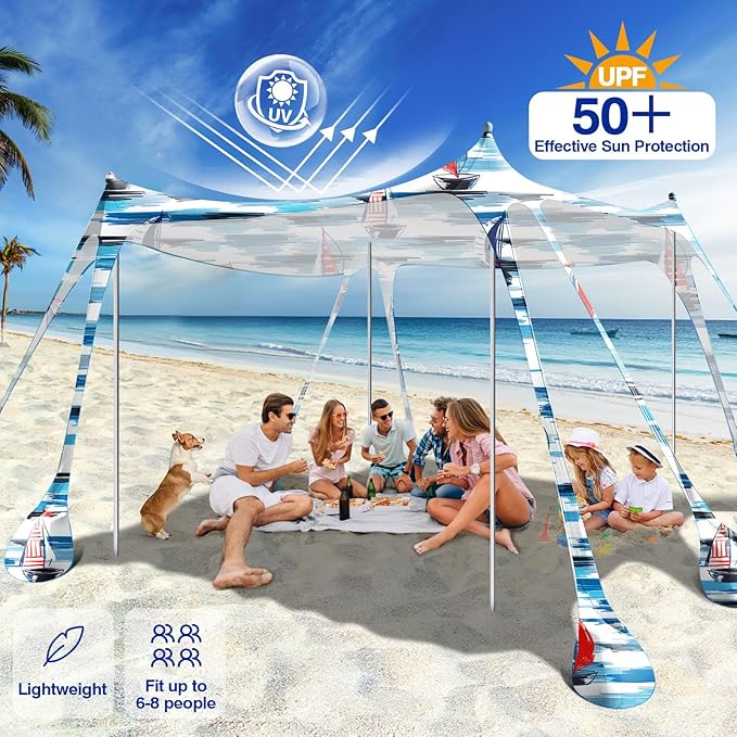 Rhino Valley Beach Tent Sun Shelter, Beach Canopy Tent Sun Shade UPF50+ Protection with 8 Sandbags 4 Stability Poles, Outdoor Beach Shade Canopy for Beach, Camping, Fishing