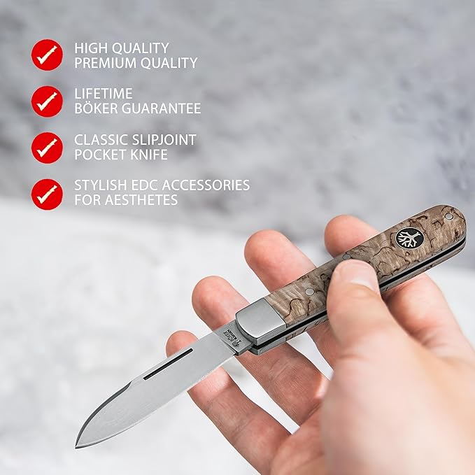 BÖKER Barlow Traditional Folding Pocket Knife, Curly Birch Wood Handle, N690 Blade, Handmade in Solingen Germany