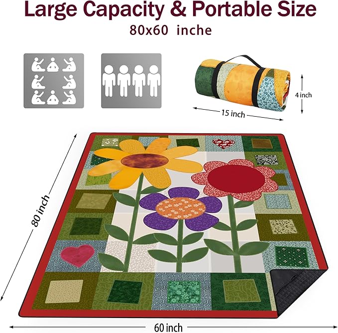 Picnic Blankets Beach Blanket 80" X 60" Extra Large Waterproof Camping Blankets Portable Outdoor Mat 3-Layer blanket for Beach, Hiking, Park, Music Festival, Grass Lawn,Travel