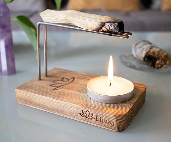 Handcrafted Palo Santo & Sage Holder - Keeps Palo Santo Burning Longer - Natural Wood Burner Holder - Includes Palo Santo Stick, Large Tea Candle & Daily Affirmations - Ideal Spiritual Meditation Gift