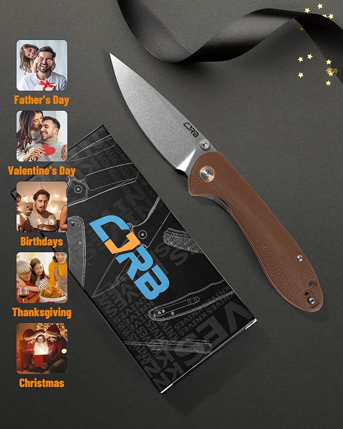 CJRB Folding Knife Feldspar(J1912) Stonewash D2 Steel Balde G10 Tactical Handle Pocket Folding Knife EDC,Brown Handle