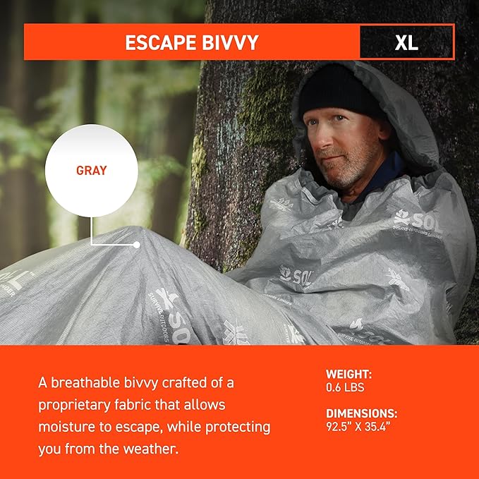 SOL Escape Bivvy with Hood - Emergency Preparedness Blanket - Reflects Up to 70% Body Heat - Outdoor Survival Bivvy - Water Resistant - Durable & Breathable - Winter Camping Supplies - XL, Gray