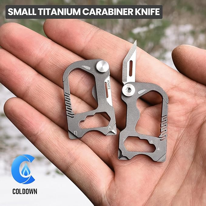 Multitool Carabiner with Pocket knife, Small Multi Tools Keychain Clip, 6 in 1 Mini Titanium EDC Keychain with Bottle Opener, Box Cutter, Wrench, Screwdriver, Emergency Survival Gear for Men