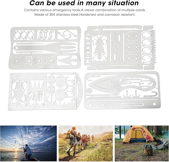 Outdoor Camping Multi-Function Tool, 4Pcs Fishing Card Multifunction Stainless Steel Preservative Survival Card for Outdoor Camping Over 18 Years Old Fishing Supplies