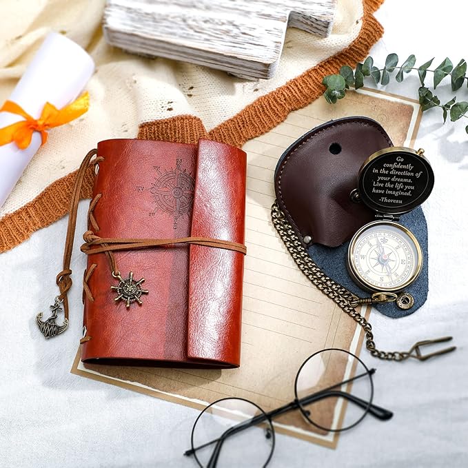 Kanayu 2 Pcs Compass Graduation Gift Compass with Stamped Leather Case and Leather Journal Notebook High School College Graduation Gifts for Him