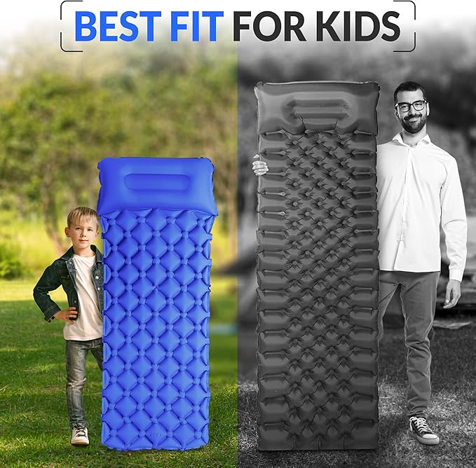 Kids Sleeping Pad for Camping and Sleepovers with Pillow, Inflatable Camping Mattress for Backpacking & Travel, Thick Toddler Cot Mat, Fast Inflating Camping Sleeping Pads for Kids
