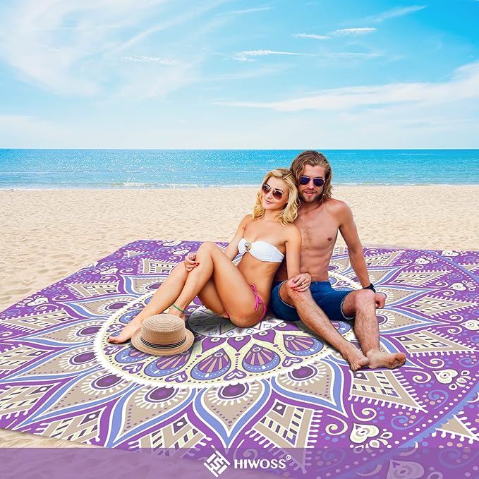 Beach Blanket Waterproof Sandproof Oversized 95”x 80”,Sand Free Beach Mat with Corner Pockets,Portable Mesh Bag for Beach Festival,Picnic,Travel and Outdoor Camping (Purple)
