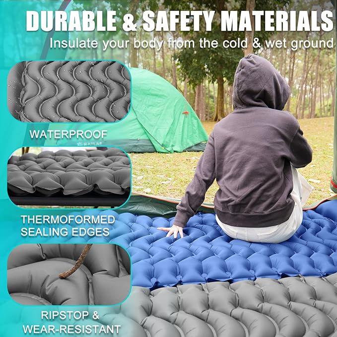 Inflatable Camping Sleeping Pad with Pillow, Compact Sleeping Mat with Built-in Foot Pump, Lightweight Camping Air Mattress for Backpacking Traveling Hiking Tent