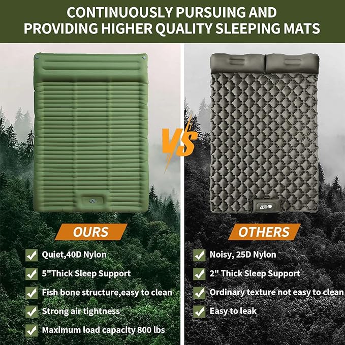 Double Sleeping Pad for Camping,4.75" Ultra-Thick Camping Mattress with Pillow Built-in Foot Pump, Self Inflating Camping pad for Backpacking, Car Camping, Hiking, Tent(Green)