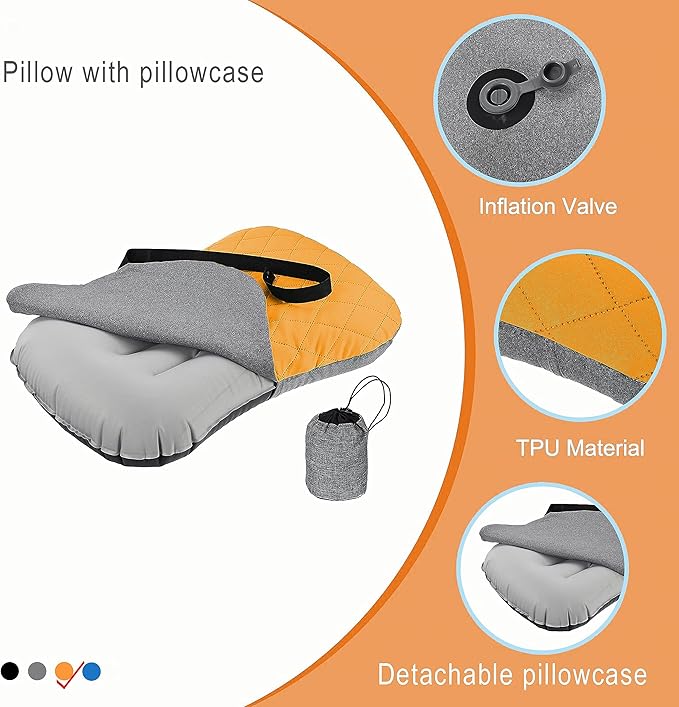 Portable Inflatable Neck Pillow for Outdoor Travel, Camping, Office Naps-Polyester + Washable Cotton-Color Available-Simple and Comfortable (Orange)