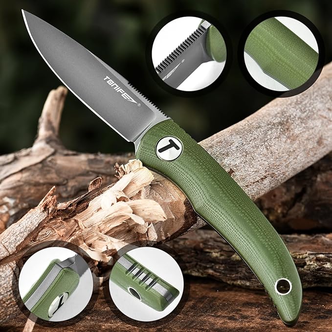 TONIFE Nova 2.68'' Blade Mini Neck Knife Knife Full Tang Fixed Blade Knife with Kydex Sheath and Adjustable Paracord Lanyard for Camping Outdoor Survival Tool (Green+Grey Titanium)