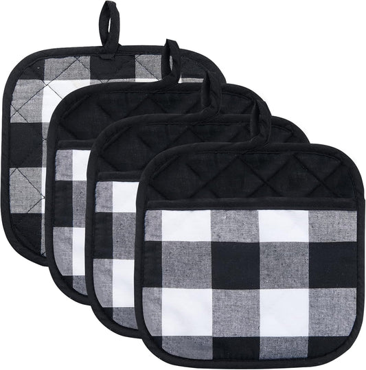 Joyhalo 4 Pack Pot Holders for Kitchen,Cotton Oven Holder with Great Heat Resistance,Non Slip Hot Pads for Kitchen Clearance,Black and White