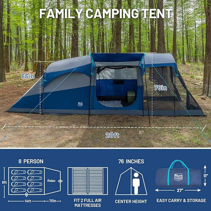 TIMBER RIDGE 8 Person Family Camping Tent with Screen Room, Double Layer Waterproof Weather Resistant Big Tunnel Tent with Rainfly Carry Bag, Large Family Tent for Outdoor Party 20ft x 8ft x 76in