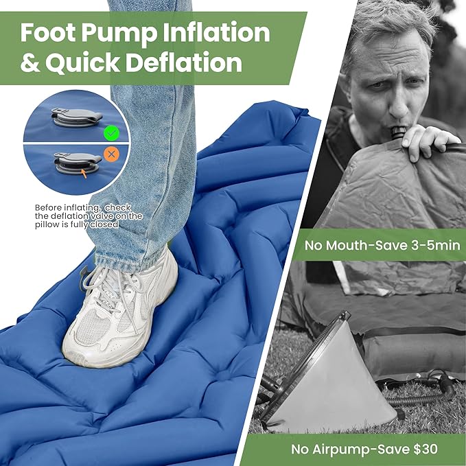 ropoda Extra Thickness 3.9'' Inflatable Sleeping Pad for 2 Person with Pillow, Built-in Foot Pump, 79''*52'' Sleeping Mat with Carry Bag, Ultralight & Compact Camping Mattress for Hiking, Camping